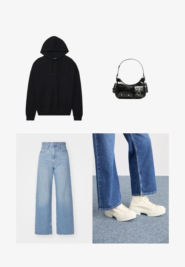 Fekete kapucnis pulóver, pamutból készült, állítható zsinórral, hosszú ujjakkal és bordázott mandzsettákkal és aljjal. Simaság, egyszínű kivitel.; Világoskék, magas derekú, bő szárú farmernadrág, elülső gombbal és cipzárral, elülső és hátsó zsebekkel, fehér háttérrel.; Fehér magas szárú sportcipők vastag, bordás talppal és kör alakú logó részlettel, világoskék, bőszárú farmernadrággal viselve.; Fekete lakkbőr kézitáska ívelt formával, egy vállpánttal, elülső zsebekkel és ezüstszínű fémrészletekkel.