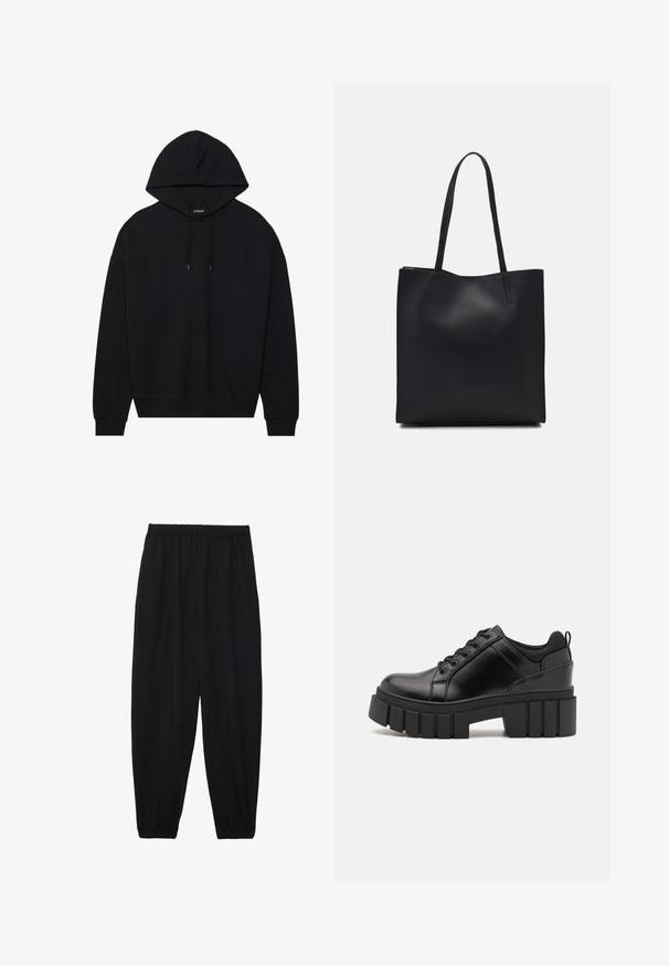 Felpa con cappuccio nera in cotone, dotata di chiusura a coulisse, maniche lunghe e polsini e orlo a costine. Finitura liscia e di colore uniforme.; Pantaloni neri leggeri con vita elastica e caviglie arricciate. Il tessuto è liscio e presenta un design rilassato e affusolato.; Scarpe platform in pelle nera con tacco a blocco robusto, punta rotonda e design tradizionale con lacci. Presentano una superficie liscia e dettagli minimi.; Borsa tote in pelle nera con texture liscia, forma rettangolare e due manici lunghi. Nessun hardware o decorazione visibile.