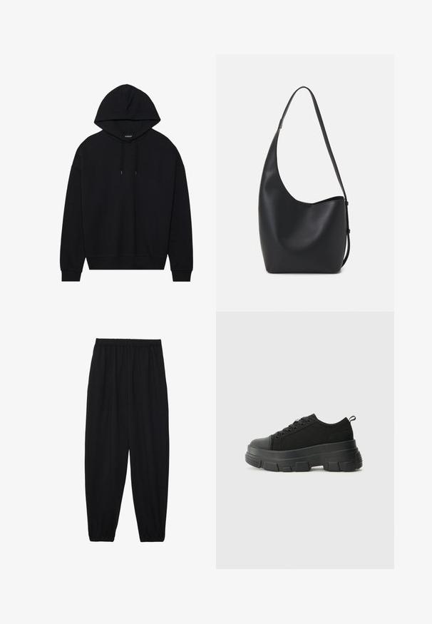Felpa con cappuccio nera in cotone, dotata di chiusura a coulisse, maniche lunghe e polsini e orlo a costine. Finitura liscia e di colore uniforme.; Pantaloni neri leggeri con vita elastica e caviglie arricciate. Il tessuto è liscio e presenta un design rilassato e affusolato.; Sneaker nere con suola in gomma spessa, superiore in tessuto testurizzato, punta rotonda e design con lacci. Presenta occhielli rinforzati e linguetta sul retro.; Borsa hobo nera in pelle con una superficie liscia, forma curvata e una singola tracolla regolabile; presenta un'ampia apertura nella parte superiore.