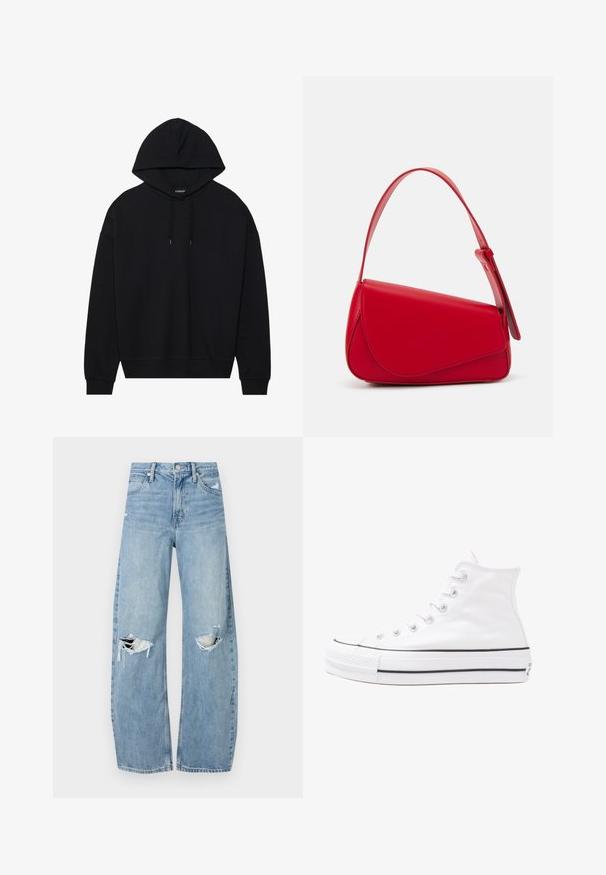 Felpa con cappuccio nera in cotone, dotata di chiusura a coulisse, maniche lunghe e polsini e orlo a costine. Finitura liscia e di colore uniforme.; Jeans azzurri chiari a vita alta realizzati in denim. Presentano gambe larghe, due aree strappate sulle ginocchia e il classico styling a cinque tasche.; Sneaker alta in tela bianca con suola in gomma nera, punta in gomma frontale e sei asole per i lacci, caratterizzata da un design pulito e minimalista.; Borsa a tracolla in pelle rossa con un design angolare e geometrico. Presenta una singola tracolla regolabile e una chiusura a patta con dettagli cuciti.