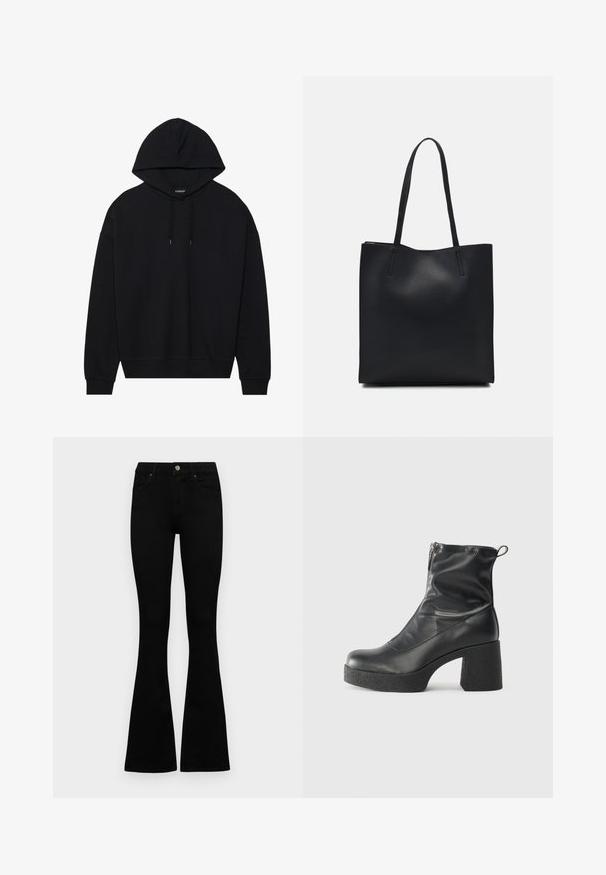 Svart hettegenser laget av bomull, med snøring, lange ermer og ribbestrikkede mansjetter og kant. Glatt, ensfarget finish.; Sorte høytlivsjeans med knapp og glidelås, frontlommer og utsvingte bein liggende flatt på en hvit bakgrunn.; Svarte ankelstøvler laget av glatt lær, med glidelås på siden, chunky strukturert hæl, og rund tå-design.; Svart lær tote bag med glatt tekstur, rektangulær form og to lange håndtak. Ingen synlige deler eller dekorasjoner.