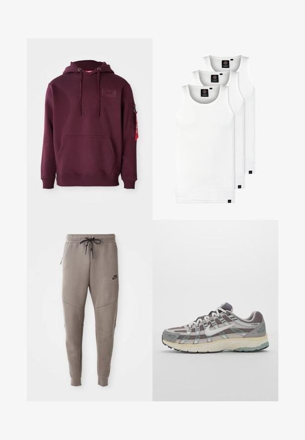 Sudadera burdeos de tejido suave, con un bolsillo frontal, capucha ajustable con cordón y un bolsillo lateral con cremallera con un acento de etiqueta roja.; Tres camisetas sin mangas de algodón de color blanco con canalé. Cuentan con cuello redondo y pequeñas etiquetas negras cerca del dobladillo. Disponibles en múltiples tamaños.; Pantalones de chándal grises de Nike con cintura ajustable, piernas ajustadas, bolsillos laterales y costuras distintivas. Tejido suave y texturizado.; Zapatilla deportiva gris con parte superior de malla y ante, acentos blancos, suela acolchada y un diseño distintivo con elementos reflectantes.