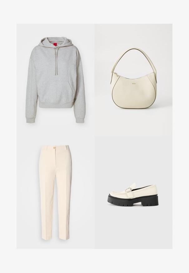 Ανοιχτό γκρι φούτερ από μαλακό ύφασμα μείγματος βαμβακιού. Διαθέτει μπροστινή τσέπη, κουκούλα με κορδόνι και ριμπ μανσέτες και στρίφωμα.; Κρεμ χρώματος παντελόνι με ψηλή μέση, φτιαγμένο από υφασμάτινο υλικό με υφή. Διαθέτει κλείσιμο με κουμπί μπροστά και φαρδιά πόδια.; Λευκό δερμάτινο μοκασίνι με χοντρή μαύρη πλατφόρμα, διαθέτει ορθογώνια ασημένια πόρπη και ορατές ραφές στο πάνω μέρος.; Κρεμ τσάντα χειρός με υφή, καμπύλη σχήμα, κοντό χερούλι και χρυσό λογότυπο. Κλείσιμο με φερμουάρ στην κορυφή.
