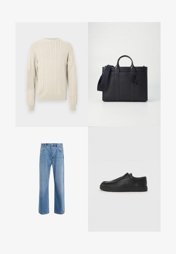 Gaiši bežs adīts džemperis ar ribota tekstūra, kuram ir vertikālas svītras, apaļa kakla izgriezums un ribotas piedurknes un apakšmala.; Gai zilas džinsu bikses ar taisnām kājām, piecām kabatām, pogu aizvēršanu, minimālu izbalēšanu un kontrastējošiem šuvju elementiem.; Melnas ādas slip-on kurpes ar noapaļotu purngalu, šūšanas detaļām un melnu gumijas zoli. Gluda tekstūra ar minimālistisku dizainu.; Tumši jūras zila ādas portfelis ar divām augšējām rokturiem un noņemamu siksnu. Ar teksturētu apdari, vertikālām šuvēm un logo detaļu.