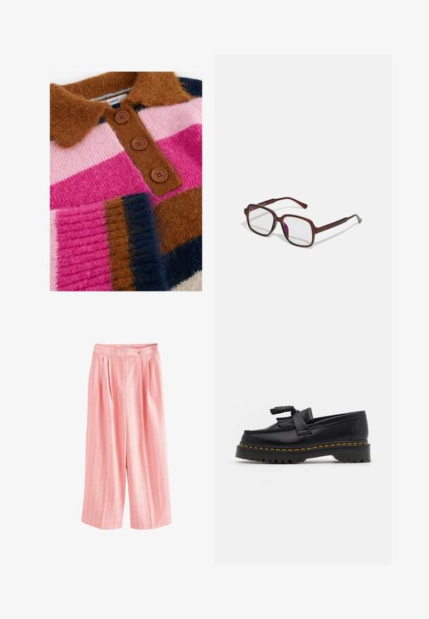 Maglione lavorato a maglia con ampie righe orizzontali in rosa, marrone, navy e crema. Include un collo marrone e tre bottoni marroni.; Pantaloni larghi rosa con strisce verticali in giallo e bianco, con pieghe e chiusura a bottone in vita. Tessuto morbido e textured.; Mocassino in pelle nera con un'accento a frange, dotato di una suola nera spessa e cuciture gialle lungo il bordo. Finitura testurizzata.; Occhiali rettangolari marroni con lenti trasparenti e tonalità viola. Montatura in plastica liscia con stanghette dritte e accenti sottili.
