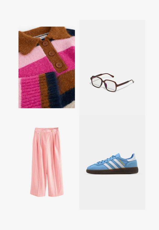 Maglione lavorato a maglia con ampie righe orizzontali in rosa, marrone, navy e crema. Include un collo marrone e tre bottoni marroni.; Pantaloni larghi rosa con strisce verticali in giallo e bianco, con pieghe e chiusura a bottone in vita. Tessuto morbido e textured.; Sneakers in suede azzurro chiaro con strisce in pelle bianca, suola marrone texturizzata e dettaglio logo dorato. Design basso con punta tonda.; Occhiali rettangolari marroni con lenti trasparenti e tonalità viola. Montatura in plastica liscia con stanghette dritte e accenti sottili.
