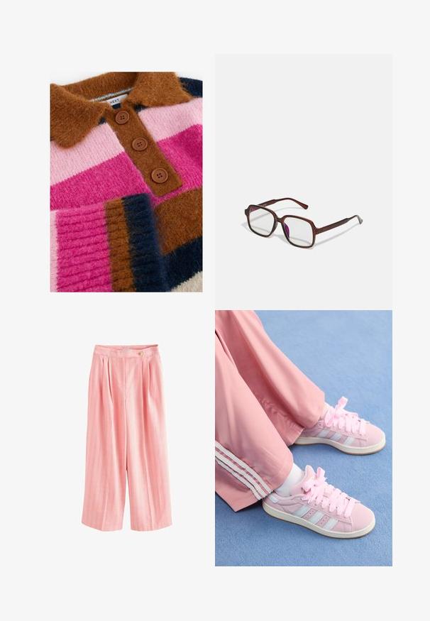 Pull en tricot avec de larges rayures horizontales rose, marron, marine et crème. Comprend un col marron et trois boutons marron.; Pantalons larges roses avec des rayures verticales jaunes et blanches, avec des plis et une fermeture à bouton à la taille. Tissu doux et texturé.; Baskets de sport roses avec des rayures bleu clair, bout rond et lacets épais roses, associées à un pantalon de survêtement rose avec des rayures blanches sur les côtés.; Lunettes rectangulaires marron avec des verres transparents et des nuances violacées. Monture en plastique lisse avec des branches droites et des accents subtils.