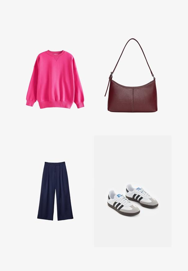 Next HEAVYWEIGHT BRUSHED CREW NECK - Sportska majica - pink; Tamnoplave široke hlače s plitkim naborima, s gumbom u struku i petljama za remen, prikazane ravno na bijeloj pozadini.; Sportske cipele s gornjištem od bijele kože, sivi suedinasti nos i tri crne pruge. Imaju plavi logo na jeziku i teksturiranu gumenu podlogu.; Bordo kožna torba s zakrivljenim oblikom, jednim remenom za rame i šivenim detaljima na sredini. Glatka tekstura, minimalni dodaci.