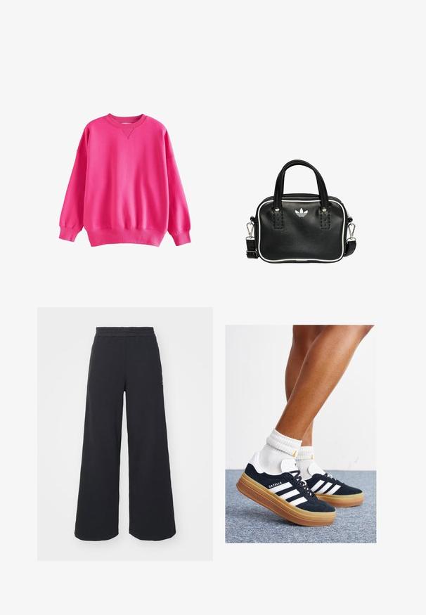 Next HEAVYWEIGHT BRUSHED CREW NECK - Mikina - pink; Černé široké tepláky vyrobené z měkké tkaniny, s elastickým pasem a malým logem na levé straně.; Černé semišové tenisky s bílými pruhy a detaily, zaoblenou špičkou, podrážkou z gumy barvy žvýkačky, doplněné bílými žebrovanými ponožkami ke kotníkům.; Černá kožená kabelka se dvěma krátkými uchy, stříbrným kováním, bílými detaily a bílým logem. Má texturovaný povrch a kompaktní design.