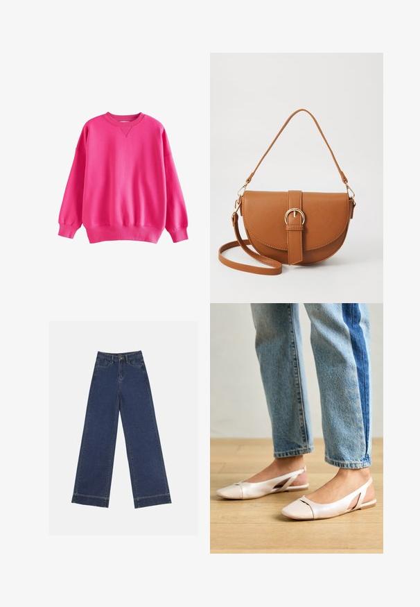 Next HEAVYWEIGHT BRUSHED CREW NECK - Ikdienas džemperis - pink; Platās kājas džinsi tumši zilā denima krāsā. Iespējas: piecas kabatas, siksnu cilpas un neapstrādāta apakša ar redzamām šuvju detaļām.; Bālti rozā siksniņu dzīvokļi ar smailu purngalu, izgatavoti no gludas ādas līdzīgās materiāla. Iezīmē izgriezumu detaļas sānos un platu papēdi.; Brūns ādas plecu soma ar izliekta formu, zelta piederumiem un sprādzes akcentu. Iesaiņota ar noņemamu plecu siksnu.