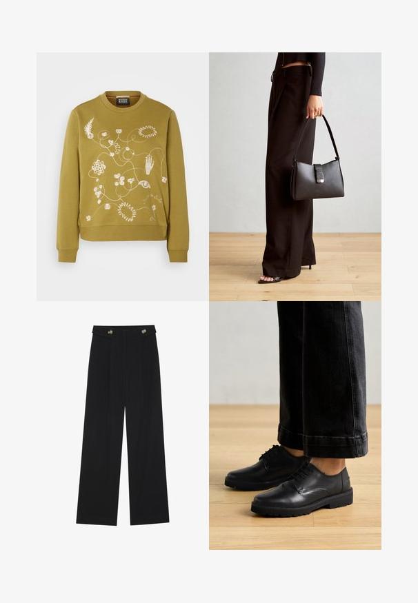 Oliivroheline ümar kaelusega sviiter, millel on valged lillemustrid ja käsitsi tikandid. Omab lõdva siluetti ning soonikkoes mansette ja alumist äärt.; Mustad laiad püksid kõrge vöökoha ja nööpdetailidega vööandil, esikortsudega.; Mustad nahast puhked, millel on sile pind, ümar varvas ja paks kummitald, koos lühikeste tumedate teksadega.; Must musta kott, millel on struktureeritud kuju, sile tekstuur ja metallist klamber. Kombineeritud laiate mustade pükstega ja avatud varvaste sandaalidega puidust põrandal.