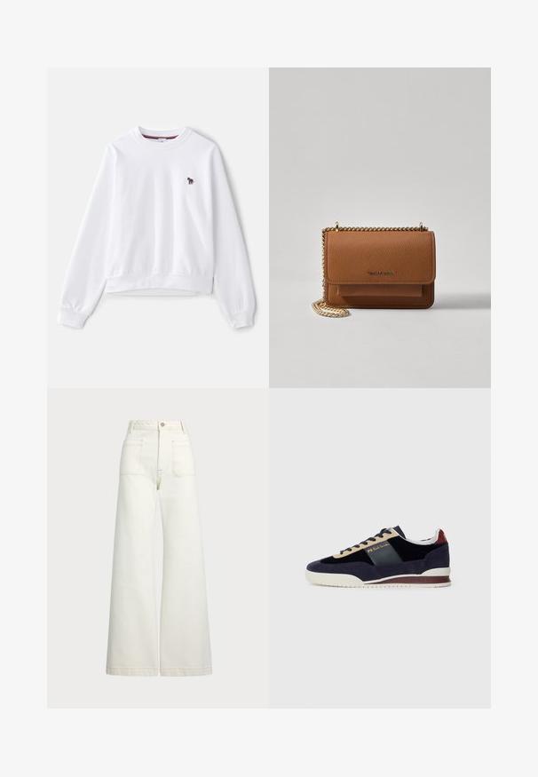 Felpa bianca con maniche lunghe, scollatura rotonda, polsini e fondo a costine. Presenta un piccolo logo di zebre colorato sul petto. Texture morbida.; Jeans a gamba larga in denim bianco sporco. Design a vita alta con chiusura a bottone, due tasche frontali e dettagli di cucitura a contrasto.; Sneakers in suede blu Navy con accenti beige e blu scuro. Presentano una suola in gomma bianca e un marchio dorato sul lato. Design atletico classico.; Borsa a tracolla in pelle marrone con texture, dotata di catena dorata e chiusura a pattina. Sul davanti presenta un dettaglio con logo e una tasca sotto la pattina.