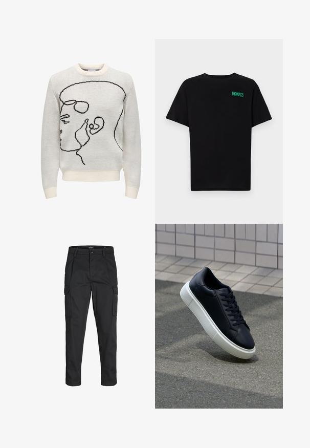 Maglione bianco a maglia con design in linea nera che rappresenta un profilo. Presenta un colletto rotondo e polsini e orlo a coste. Tessuto morbido.; T-shirt nera in cotone con maniche corte. Presenta un logo verde "ROOTS" sulla parte frontale, colletto rotondo e vestibilità standard.; Pantaloni cargo neri realizzati in un tessuto resistente, dotati di molteplici tasche, chiusura con bottone e un design aderente con gambe affusolate.; Sneaker in pelle nera con punta arrotondata e suola in gomma bianca. Presenta lacci piatti e cuciture minime sulla parte superiore. Suola testurizzata per una migliore aderenza.