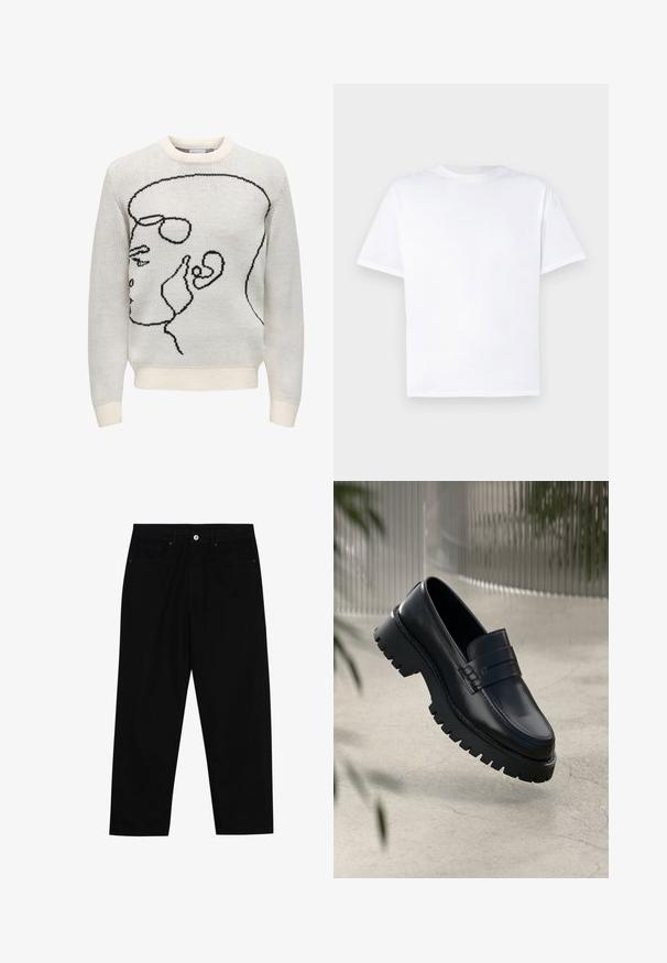 Valkoinen neulepaita, jossa on musta viivataideteos, joka esittää profiilia. Paita on pyöreällä kaula-aukolla ja ribbitetyillä hiha- ja helmapäillä. Pehmeä rakenne.; Valkoinen puuvillainen t-paita, jossa on pyöreä kaula-aukko ja lyhyet hihat. Suora leikkaus, sileä pinta, ilman kuvioita tai yksityiskohtia. Näyttää vain takaa.; Mustat farkut suoraan lahkeella, viisi taskua ja etunappikiinnitys. Sileä rakenne, jossa on vain vähäisiä ompelualueita.; Mustat nahka loaferit, joissa on paksu pohja, koristeellinen nauha ja ompelu yksityiskohtana. Liukas pinta kiiltävällä viimeistelyllä.