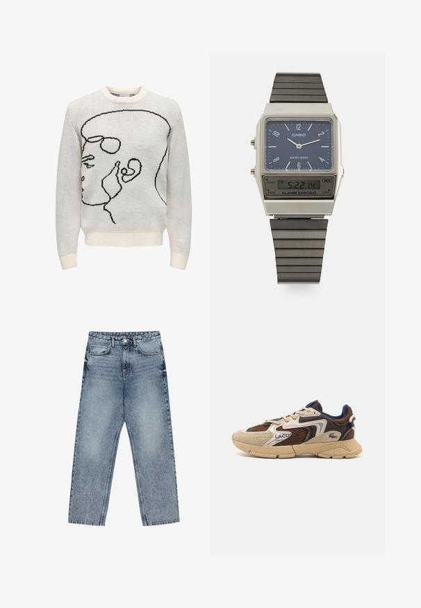 White knit sweater with black line art design depicting a profile. Features a round neckline and ribbed cuffs and hem. Soft texture.; Light blue denim jeans with a straight leg cut, visible stitching, five pocket design, and a button closure at the waist.; Beige and brown sneaker with textured mesh panels, suede accents, and a rubber sole. Features lace-up design and branded detailing.; Casio digital watch with a blue dial, silver case, and layered black rubber strap. Displays time and alarm settings. Water resistant.