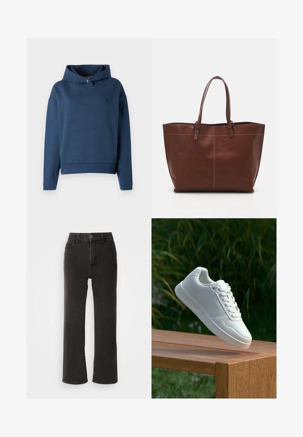 Mėlyna džemperis su kapišonu, pagamintas iš medvilnės mišinėlio, su priekinėmis kišenėmis, sagos detale ant kaklo ir gumuotais rankovėmis bei apvadu.; Juodi plačios kojų džinsai, pagaminti iš džinsinio audinio, su priekiniais sagčių užsegimais, diržo kilpomis ir penkiomis kišenėmis, turinčiomis šiek tiek išblukusį tekstūrą.; Balti sneakeriai su lygia sintetine viršutine dalimi, perforuota pirštų zona, plokščiomis raištelėmis ir tekstūruotu padu, padėti ant medinės paviršiaus.; Ruda odinės rankinės su dviem rankenomis, pasižymi kontrastingomis siūlėmis ir erdviu dizainu, tinkama kasdieniam naudojimui.