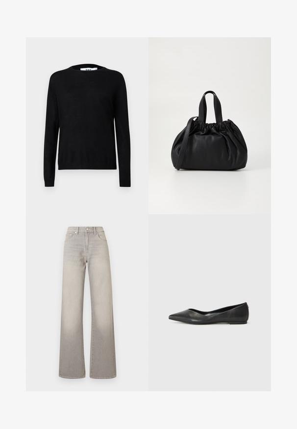 Pull noir en maille avec un col rond, des manches longues, des poignets et un ourlet côtelés. Texture lisse avec peu de détails.; Jean large gris avec une finition délavée, fermeture à bouton, design à cinq poches et coutures conçues le long des coutures.; Ballerines en cuir noir avec un bout pointu, un talon bas et une texture lisse. Design minimal avec une subtile accent latéral.; Sac à main en cuir noir avec un design à haut froncé, doté de deux poignées courtes et d'une bandoulière longue et réglable. Texture lisse, forme arrondie.