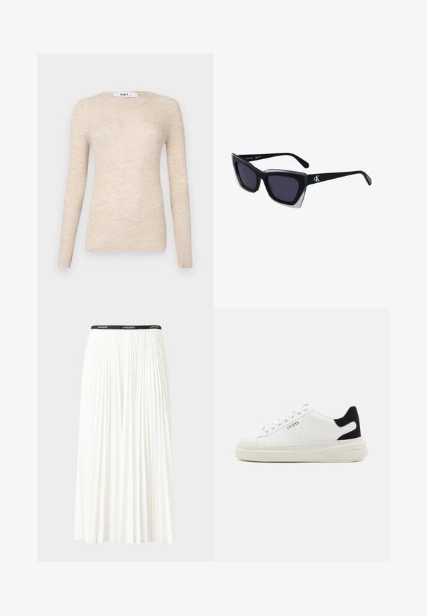 Haut beige à manches longues en tissu côtelé, doté d'un col rond classique et d'une texture douce, avec un design minimaliste.; Jupe plissée blanche avec une taille élastique noire portant le logo "LACOSTE". Design mi-long avec une texture douce.; Baskets en cuir blanc avec une épaisse semelle blanche, un accent en daim noir au niveau du talon et un logo embossé sur le côté. Design à lacets avec six œillets.; Lunettes de soleil noires surdimensionnées avec une forme géométrique, dotées de verres foncés et d'un détail gris contrastant sur la monture. Logo sur la branche.; Boucles d'oreilles en argent avec une finition lisse et brillante. Forme arrondie, conception légère, avec un fermoir à tige.