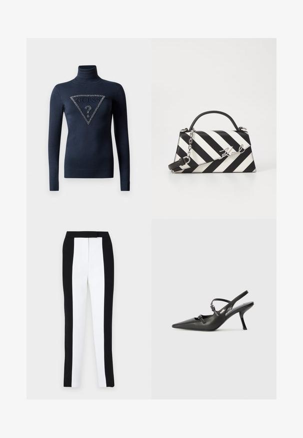 Navyblauwe langwerpige turtleneck trui met geribde manchetten en onderrand, voorzien van een beaded driehoekig GUESS-logo met een vraagteken.; Zwart-witte tapered broek met een slanke pasvorm en contrasterende panelen. De stof heeft een gladde textuur; de tailleband is plat en aansluitend.; Zwarte leren slingback hakken met een spitse neus, slanke hak en decoratieve gespdetails op de bovenkant. Gladde textuur en een strakke uitstraling.; Zwart-wit gestreepte handtas met een gestructureerde vorm, voorzien van een bovenhandvat, een afneembare kettingriem en een metalen logo-accent.