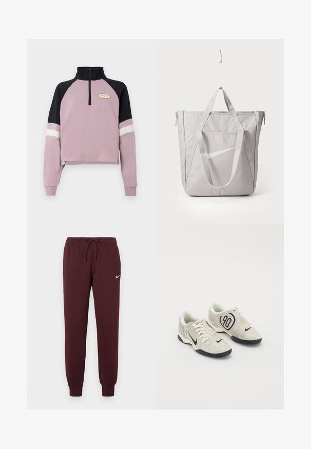 Pullover roxo curto com um colarinho preto e detalhes nos punhos. Apresenta um zíper de meio e o logótipo da Roxy em dourado no peito. Textura suave.; Calças de moletom cor vinho com cintura elástica e cordão. Apresentam punhos canelados e um pequeno logo branco da Nike na coxa esquerda. Textura suave.; Tênis Nike com um upper texturizado em bege e cinza, detalhes em preto, um grande logótipo "90" e um fecho de atacadores branco. Sola preta.; Saco tote cinza com alças reforçadas, bolso frontal com fecho éclair e o logo white swoosh da Nike. Feito de um tecido durável com uma textura suave.