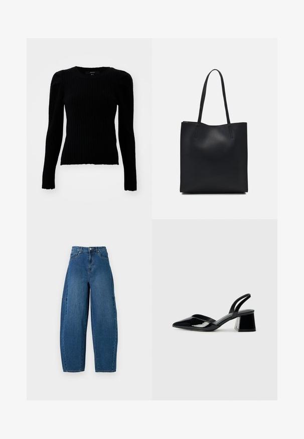 Vero Moda VMKIM UNECK - Strickpullover - black; Denimjeans in einer mittleren blauen Waschung, mit hoher Taille, weit geschnittenem Bein und dem typischen fünf Taschen Design mit sichtbaren Nahtdetails.; Schwarze Lackleder-Slingback-High Heels mit spitzem Schuh und einem geometrischen Blockabsatz. Verfügt über ein schlankes, minimalistisches Design und eine glatte Textur.; Schwarze Laptoptasche aus Leder mit glatter Textur, rechteckiger Form und zwei langen Griffen. Keine sichtbaren Beschläge oder Verzierungen.