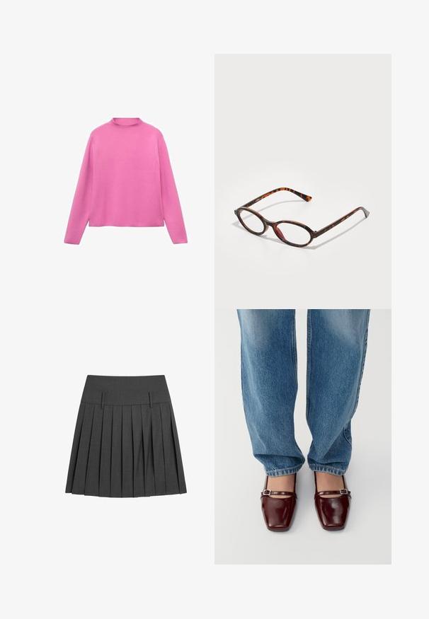 Mango WITH PERKINS - Trui - pink; Plisseerok in grijs, gemaakt van gestructureerde stof, met een vlakke tailleband met twee voorkleppen en meerdere verticale plooien voor extra volume.; Bordeaux lakleren schoenen met een vierkante neus en enkelband, gecombineerd met lichtblauwe losse spijkerbroek. De schoenen hebben een glanzende afwerking.; Tortoiseshell zonnebril met ovale lenzen, voorzien van een donker montuur met licht en donkerbruine patronen, en slanke, gebogen pootjes.; Bordeaux leren handtas met een gebogen vorm, ritsluiting en een kettingaccent strap. Glad oppervlak met een lichte glans.