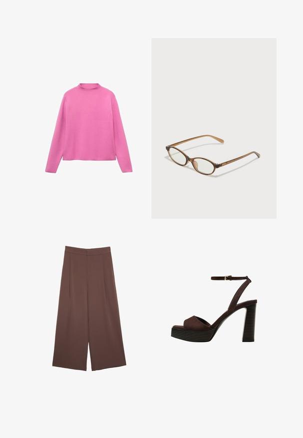 Mango WITH PERKINS - Trui - pink; Bruine wijde broek met een gladde textuur, voorzien van een hoge taille en plooien aan de voorkant. De stof is lichtgewicht en valt losjes.; Bruine suède high-heeled sandaal met een open teen, verstelbare enkelband en een gestreepte plateauzool.; Bruine schildpadbril met ovale lenzen, dunne armen en transparante accenten. Heeft een subtiele logo op de tempel. Strak, lichtgewicht ontwerp.