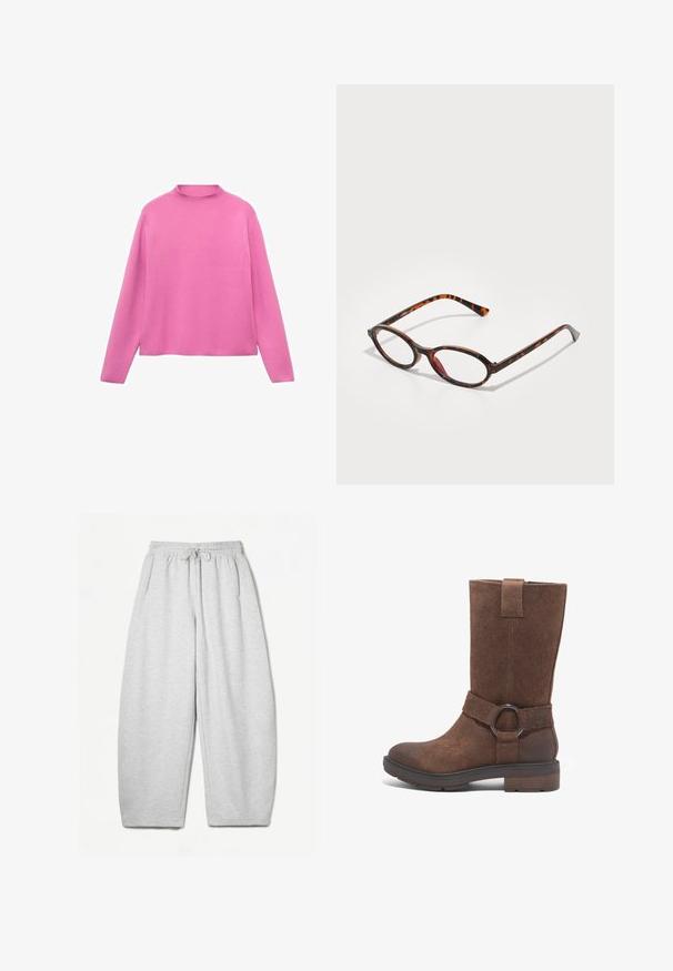 Mango WITH PERKINS - Neule - pink; Harmaat rentosäärystimet, joissa on rento istuvuus, joustava vyötärö, nyöri ja sivutaskut; valmistettu pehmeästä, teksturoidusta kankaasta.; Ruskean mokkanahkainen pitkä saapas, jossa on pyöreä varvas, tasapohja ja koristeellinen hihna, joka sisältää pyöreän metallirenkaan korosteen.; Silmät, joissa on pyöreät linssit ja kilpikonnakuvioinen kehys, jossa on tummanvärisiä osia sekä vaaleita ja tummia ruskeita kuvioita, sekä ohuet, kaarevat templet.; Hopehope hopehope hopehope hopehope hopehope, joka on sileä ja kiillotettu pinta ja ohut, pyöreä muoto. Muotoilu sisältää turvallisen lukituksen.