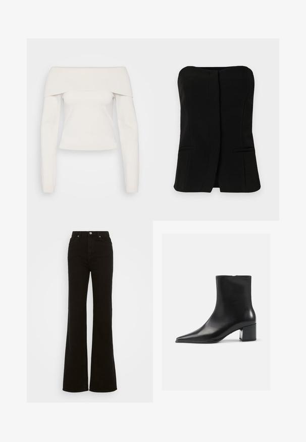 Haut à manches longues sans épaule en tricot blanc doux, avec un col à côtes et un corps ajusté, doté d'une texture lisse et de coutures minimales.; Haut noir sans manches avec un décolleté droit, une patte de boutonnage sur le devant et deux poches latérales dissimulées. Tissu lisse avec une coupe ajustée.; Jean évasé noir taille haute en denim, avec une fermeture à bouton, des poches latérales et une texture lisse.; Bottine en cuir noir avec un bout pointu, texture lisse et un talon bloc moyen. Design minimaliste, fermeture éclair à l'arrière.