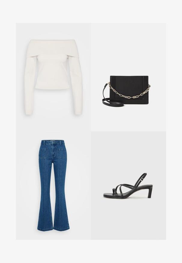 Off-the-shoulder long-sleeve top in soft white knit, featuring a ribbed neckline and a fitted body, with smooth texture and minimal seams.; Blue flared jeans made of denim, featuring a high waist, two back pockets, and pronounced stitching along the side seams.; Black strappy sandal with a square toe and a low block heel. Features multiple thin straps and an adjustable ankle strap. Made of smooth leather.; Black leather crossbody bag featuring a smooth texture, rectangular shape, and a metallic chain detail on the front. Adjustable strap included.