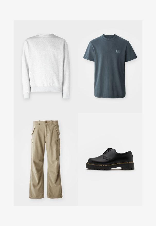 Felpa grigia chiaro a girocollo realizzata in morbido tessuto felpato, con polsini e orlo a coste, caratterizzata da una finitura liscia.; T-shirt in cotone grigio scuro con collo rotondo, maniche corte e un piccolo logo stampato sul lato sinistro. Vestibilità classica con orlo dritto.; Pantaloni cargo beige realizzati in tessuto resistente, caratterizzati da una vestibilità comoda, numerose tasche laterali e ginocchia rinforzate. Design con davanti piatto.; Scarpa nera in pelle con lacci, punta arrotondata, suola in gomma texturizzata e cuciture gialle attorno alla base. Design piatto e finitura liscia.