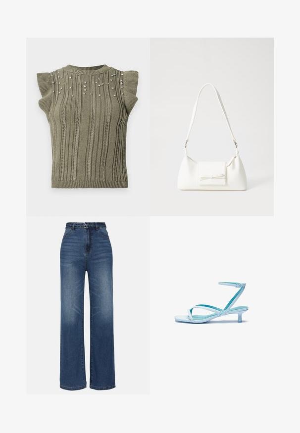 Khaki kötött felső bordázott textúrával, rövid fodros ujjakkal és szétszórt gyöngyökkel az elején. Kerek nyakú és testhezálló siluettel.; Széles szárú kék farmernadrág magas derékkal, két fém csattal, finom kopással és hagyományos öt zsebes dizájnnal.; Világoskék, pántos szandál négyzet alakú orral, alacsony sarokkal, állítható bokapánttal és sima, fényes felülettel. Keresztezett pántok a talprétegen.; Fehér szintetikus kézitáska, háromszög alakú, lapos előlap, masni részlettel, állítható pánttal, sima textúrával és minimalista dizájnnal.