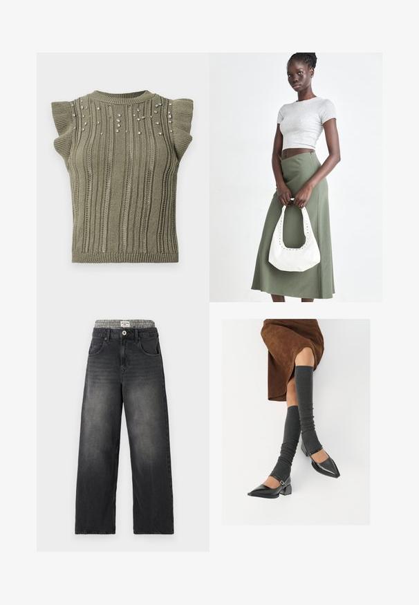 Khaki neulepaita, jossa on ribbikuvio, lyhyet röyhelöhiha, ja etupuolella sirot jalokivikoristeet. Pyöreä kaula-aukko ja tiukka siluetti.; Mustat farkut leveillä lahkeilla, joissa on houndstooth-kuvioitu vyötärö. Ominaisuuksiin kuuluu etutaskut ja nappikiinnitys. Kuluneet yksityiskohdat.; Musta lakattu nahkakengät teräväkärkisillä, leveällä kantapäällä ja nilkkahihnalla, yhdistettynä harmaisiin ribattuihin säärystimiin ja ruskeaan mokkasiinimekkoon.; Harmaa ribbattu crop-top ja oliivinvihreä korkeavyötäröinen hame. Malli pitää valkoista olkalaukkua, jossa on leikattu yksityiskohtia. Yksinkertainen muotoilu, vartalonmyötäinen siluetti.