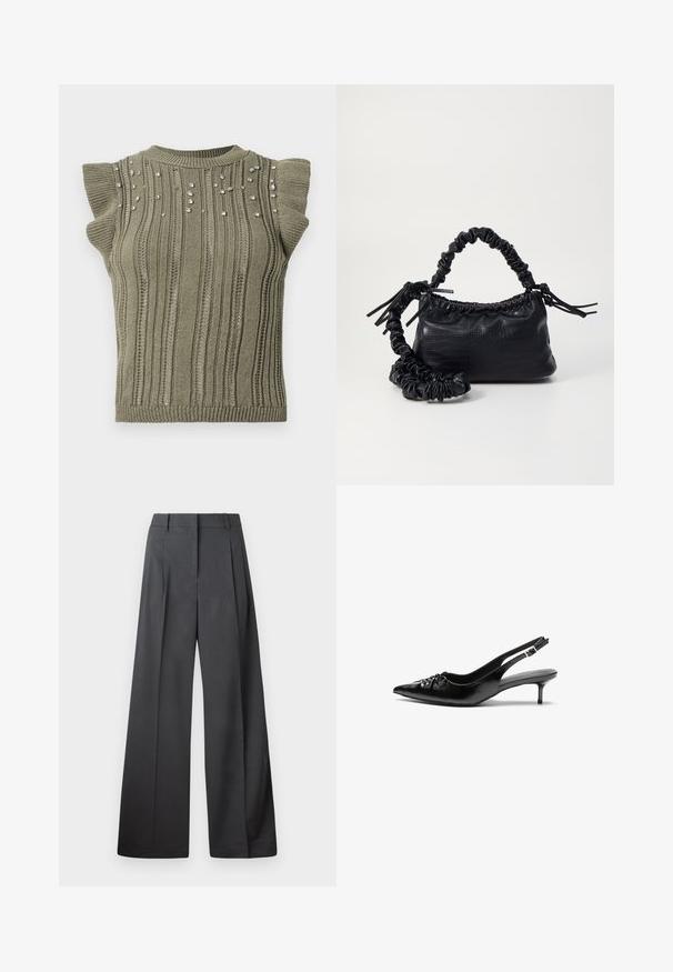 Khački pleteni top s rebrastom teksturom, kratkim volanima i raspršenim draguljima sprijeda. Okrugli izrez i prilagodljiva silueta.; Hlače širokih nogavica u tamnosivoj tkanini, s visokim strukom, jednim naborom i glatkom teksturom s urednim završetkom na rubovima.; Crne kožne sandale na petu s ikkrenim nosom, malom kitten petom i dekorativnom mašnom sprijeda. Glatka tekstura svuda.; Crna torba od umjetne kože s teksturom krokodila, s cinčanim vrhom i naboranom trakom. Izgleda mekano i kompaktno u dizajnu.