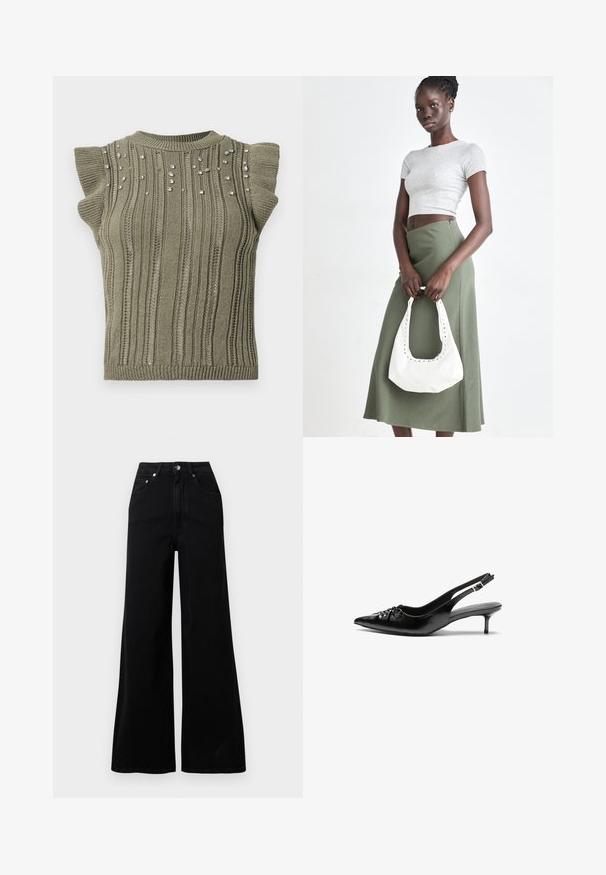 Khaki pletený top s rebrovanou štruktúrou, krátkymi riasenými rukávmi a roztrúsenými drahokamovými akcentmi vpredu. Oválny výstrih a priliehavý strih.; Čierne džínsy s širokými nohavicami vyrobené z denimu, s vysokým pásom, piatimi vreckami, zapínaním na predné gombíky a minimálnymi detailmi šitia.; Čierne kožené slingback podpätky s ostrou špičkou, malým podpatkom a dekoratívnym uzlom vpredu. Hladký povrch po celom obvode.; Sivý pruhovaný crop top a olivovo zelená sukňa s vysokým pásom. Model drží bielu ramennú tašku s vyrezávanými detailmi. Jednoduchý dizajn, priliehavý strih.
