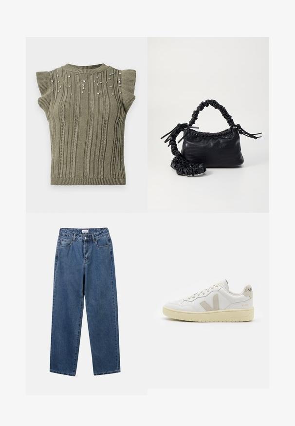 Kaki adīta topa ar ribotu struktūru, īsām rūtētām piedurknēm un izkaisītiem dārgakmeņu akcentiem priekšpusē. Apaļa dekoltē un pieguļošs siluets.; Klasiskie zili džinsi ar taisnu kāju dizainu, pieciem kabatām un pogu aizdari. Iezīmējas ar vidēju mazgāšanu un izturīgu tekstūru.; Baltas ādas sporta apavu pāris ar bēšiem zamša akcentiem, caurumiņu purngalā, plakanu šņorēšanu un teksturētu krēmkrāsas zoli. Iezīmējas ar diskrētu zīmolu uz papēža.; Melnā mākslīgās ādas rokassoma ar krokodila rakstu, savilkta augšdaļa un saburzīta siksna. Izskatās mīksta un kompakta pēc dizaina.