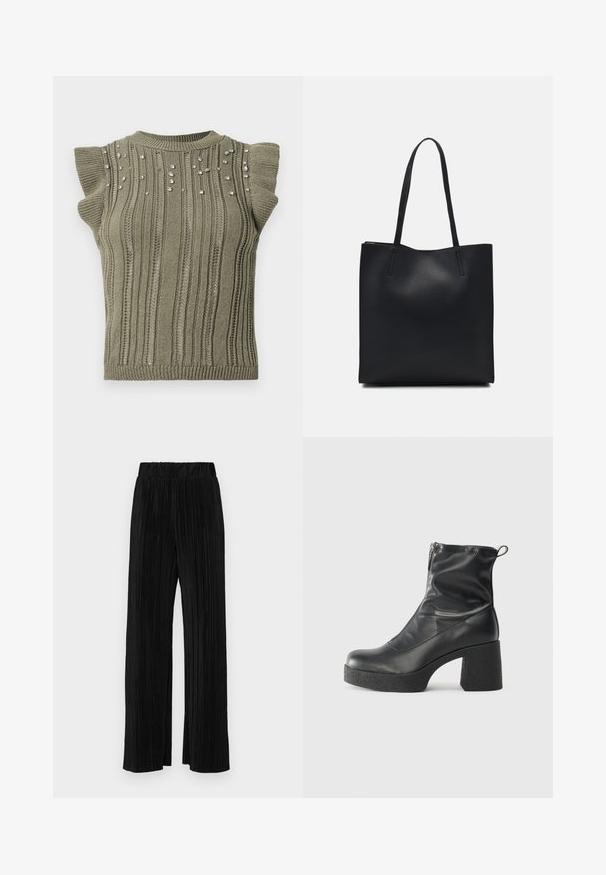 Khakifarbener Strickoberteil mit gerippter Textur, kurzen Rüschenärmeln und verstreuten Schmuckakzenten auf der Vorderseite. Rundhalsausschnitt und figurbetonte Silhouette.; Schwarze plissierte Hose mit elastischem Bund. Verfügt über weite Hosenbeine und einen glatten, strukturierten Stoff mit vertikalen Streifen.; Schwarze Stiefeletten aus glattem Leder mit seitlichem Reißverschluss, klobigem strukturiertem Absatz und runder Zehenform.; Schwarze Laptoptasche aus Leder mit glatter Textur, rechteckiger Form und zwei langen Griffen. Keine sichtbaren Beschläge oder Verzierungen.