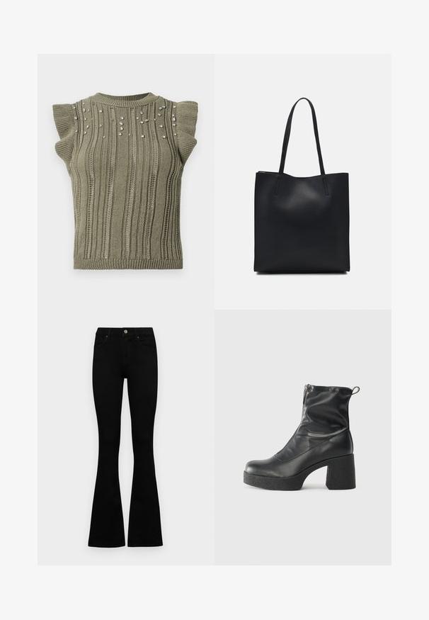 Kaki megzta palaidinė su briaunotu paviršiumi, trumpomis volanėlėmis ir išsidėsčiusiomis brangakmenių detalėmis priekyje. Apvalus kaklas ir prigludusi siluetas.; Juodos aukšto liemens džinsai su mygtuku ir užtrauktuku, priekinėmis kišenėmis ir platėjančiomis kojomis, išdėstyti ant baltos fono.; Juodos kulkšninių botai, pagaminti iš lygaus odos, su šoniniu užtrauktuku, masyviu tekstūruotu kulnu ir apvaliu pirštu.; Juodas odinis tote krepšys su lygia tekstūra, stačiakampio formos ir dviem ilgais rankenomis. Matomų metalinių detalių ar puošybos nėra.