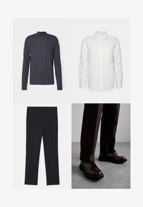 Tiger of Sweden TERN - Strickpullover - grey street; Langärmliges, weißes Hemd aus Baumwolle mit Button-Down-Kragen, Fronttasche und normalem Schnitt. Strukturierter Stoff mit glatter Oberfläche.; Schwarze maßgeschneiderte Hose aus glattem Stoff, mit zwei Seitentaschen, geradem Bein und ohne sichtbare Muster oder Akzente.; Braune Leder Schnürschuhe mit glänzender Oberfläche, schwarzer Gummisohle und dezenten Nähten. Getragen mit braunen Angabenhosen mit Nadelstreifen.