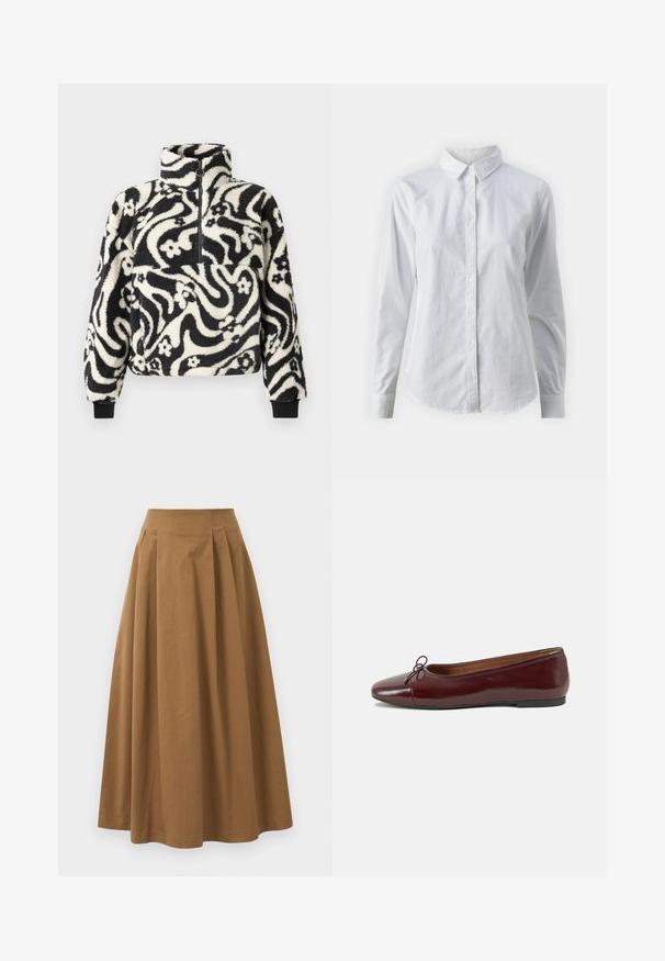 Schwarz-weißer Fleece-Pullover mit hohem Kragen, der ein wirbelndes Blumenmuster und gerippte Bündchen aufweist. Vorderer Reißverschluss.; Weißes Hemd mit Knöpfen, aus glattem Baumwollstoff, mit klassischem Kragen, langen Ärmeln und abgerundetem Saum. Die Knöpfe sind klein und weiß.; Brauner Baumwoll-A-Linien-Rock mit hoher Taille, der vorne Falten aufweist und eine glatte Textur hat. Der Saum ist sauber und einfach verarbeitet.; Burgunderfarbenes, lackiertes Ballettschuh mit abgerundetem Zehenbereich, kleiner Schleifenakzent vorne und einer niedrigen, schwarzen Gummisohle. Glatte Textur.