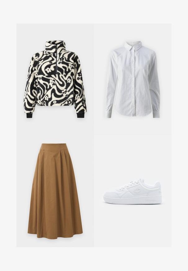 Czarny i biały polarowy pulower z wysokim kołnierzem, zdobiony wirującym kwiatowym wzorem oraz prążkowanymi mankietami. Zamek błyskawiczny z przodu.; Biała koszula zapinana na guziki, wykonana z gładkiej bawełny, z klasycznym kołnierzykiem, długimi rękawami i zaokrąglonym dołem. Guziki są małe i białe.; Brąskowa bawełniana spódnica w kształcie litery A z wysokim stanem, z plisami z przodu i gładką fakturą. Wykończenia dołu są czyste i proste.; Białe sneakersy wykonane z gładkiego materiału syntetycznego, z okrągłym czubkiem, płaską podeszwą i subtelnymi akcentami logo po bokach. Klasyczny niski design.