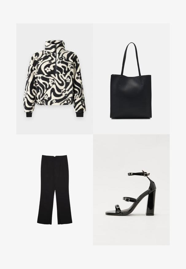 Pullover in pile bianco e nero con colletto alto, caratterizzato da un motivo floreale vorticoso e polsini a coste. Chiusura frontale con zip.; Pantaloni neri a gamba dritta, con tasche frontali e spacchi laterali all'orlo. Realizzati in tessuto morbido e liscio. Adatti a diverse occasioni.; Sandali con tacco in vernice nera, con punta squadrata, cinturini alla caviglia e fibbie in argento. Presentano un tacco a blocco spesso per maggiore stabilità.; Borsa tote in pelle nera con texture liscia, forma rettangolare e due manici lunghi. Nessun hardware o decorazione visibile.