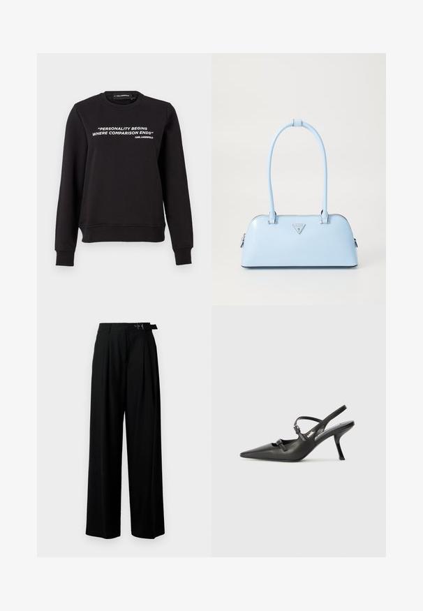 Černá mikina se širokým výstřihem, dlouhými rukávy. Na přední straně je bílý text: "OSOBNOST ZAČÍNÁ TAM, KDE POROVNÁNÍ KONČÍ". Hladká textura.; Černé široké kalhoty s vysokým pasem, záhyby vpředu a páskem s přezkou. Vyrobené z hladké, lehké tkaniny.; Černé kožené lodičky na boku s špičatou špičkou, štíhlým podpatkem a dekorativní přezkou na nártu. Hladká textura a elegantní design.; Světle modrá kabelka se strukturovaným tvarem, hladkou koženou texturou, dvěma uchy a trojúhelníkovým logem značky na přední straně. Uzavření na zip.