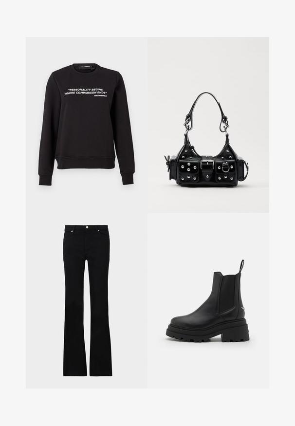 Juodas megztinis su apvalia kaklo iškirpte, ilgomis rankovėmis. Priekyje yra balta užrašas: "ASMENYBĖ PRASIDEDA TEN, KUR BAIGIASI PALYGINIMAS". Lygi tekstūra.; Juodi plačios kojų džinsai, pagaminti iš denimo, turintys dvi priekinės kišenes, užsegimą su mygtuku ir lygią tekstūrą. Išsiuvinėjimas matomas siūlėse.; Juodi Chelsea batai, pagaminti iš lygaus odos, su elastingais šonų paneliais, storu, grotuotu guminio pado ir su traukimo įrankiu gale.; Juodas odinis rankinukas su kreiviu dizainu, su sidabro spalvos knopkėmis, užsegimu ir dviem šoninėmis kišenėmis. Reguliuojama dirželis nešimui.