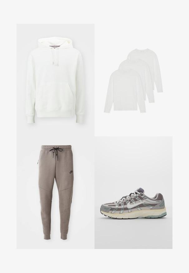 Jordan JORDAN FLIGHT FLEECE - Huppari - sail; Setti kolmea pitkähihasta t-paitaa kirkkaan valkoisena. Valmistettu pehmeästä, kevyestä kankaasta, pyöreällä kaula-aukolla ja yksinkertaisella, ilman koristeluja olevalla designilla.; Harmaat Nike-juoksuhousut, joissa on kiristysnyöri vyötäröllä, kapeat lahkeet, sivutaskut ja erottuva sauman yksityiskohtaisuus. Pehmeä, tekstuuri kangas.; Harmaa urheilukenkä, jossa on verkko- ja mokkanahkainen yläosa, valkoiset yksityiskohdat, pehmustettu pohja ja erottuva muotoilu heijastavilla elementeillä.