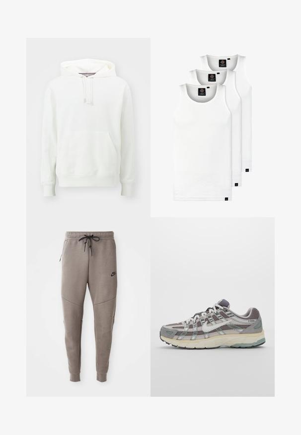 Jordan JORDAN FLIGHT FLEECE - Luvtröja - sail; Tre vita ribbade linnen i bomull. Har rund halsringning och små svarta etiketter vid fållen. Finns i flera storlekar.; Grå Nike sweatpants med dragsko i midjan, avsmalnande ben, sidofickor och tydlig sömdekoration. Mjuk, strukturerad tyg.; Grå atletiska sko med en överdel av mesh och mocka, vita accenter, en vadderad sula och en unik design med reflekterande element.