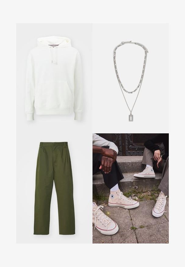 Jordan JORDAN FLIGHT FLEECE - Hoodie - sail; Olive green, high-waisted pants with a straight leg design. Made of a lightweight fabric, featuring front pleats and a button closure.; High-top beige canvas sneakers with red stripe, white rubber sole, and metal eyelets, featuring iconic star logo on the side.; Silver necklace with two layered chains; features a rectangular pendant with a smooth surface, showcasing a polished metal finish.