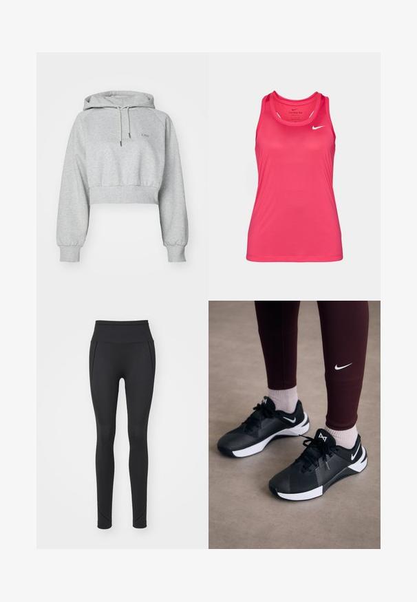 Γκρι κοντό φούτερ από μαλακό ύφασμα, με μπροστινές τσέπες, κουκούλα με κορδόνια και ριμπ μανσέτες. Διακριτό λογότυπο στο στήθος.; Ροζ αθλητικό τανκ τοπ φτιαγμένο από απαλό, ελαφρύ ύφασμα. Διαθέτει στρογγυλή λαιμόκοψη και στενές τιράντες. Περιλαμβάνει ένα μικρό λευκό λογότυπο στο στήθος.; Μαύρες ψηλόμεσες κολάν φτιαγμένες από λείο, ελαστικό ύφασμα με υφασμάτινες λεπτομέρειες κατά μήκος των πλαϊνών και στενές γάμπες.; Μαύρα αθλητικά παπούτσια με υφή στο επάνω μέρος και λευκές λεπτομέρειες, με κορδόνια και λογότυπο στο πλάι. Φορεμένα με μπορντό κολάν και ανοιχτόχρωμες κάλτσες.