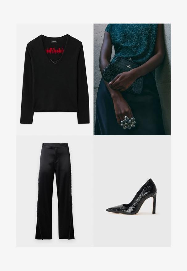 Sort langærmet top med V-hals, der har et kontrasterende rødt strikkemønster indeni. Glat tekstur, minimalistisk design og standart pasform.; Sort satin langærmet skjorte med høj krave, indsnævret talje og justerbar snoretræksdetalje. Glat tekstur med en elegant finish.; Sorte satinbukser med brede ben, der har frynse detaljer langs sidesømmen og en flad front talje. Ensfarvet bag uden lommer.; Sorte spidse tå stiletto-sko i krokodilleskind med et strømlinet design, høj hæl og glat sort inderside.; Sorte clutchtaske med krokodillemønster og sølvhardware, holdt mod en tekstureret grå baggrund. Har en blank overflade.