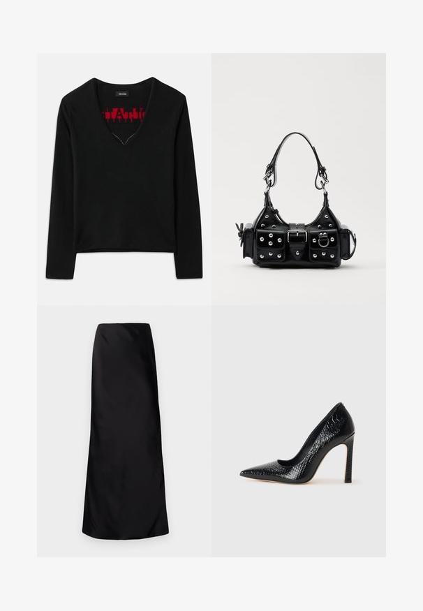 Čierny top s dlhým rukávom a výstrihom do V, s kontrastným červeným pleteným vzorom vo vnútri. Hladká textúra, minimalistický dizajn a štandardný strih.; Norma Kamali BIAS OBIE SKIRT - Maxisukňa - black; Čierna lodička s špicatou špičkou a lakovanou textúrou krokodíla, s elegantným dizajnom, vysokým stiletto podpätkom a hladkým čiernym interiérom.; Čierna kožená kabelka s zakriveným dizajnom, doplnená striebornými cvočkami, prackou a dvoma bočnými vreckami. Nastaviteľný popruh poskytuje rôzne možnosti nosenia.